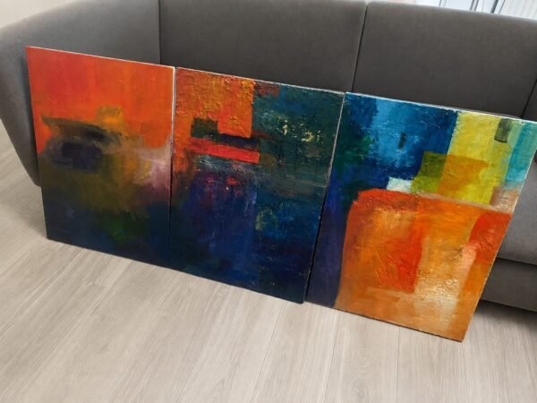 Three textured abstract paintings by Peter Albrecht in orange, blue, green and yellow.