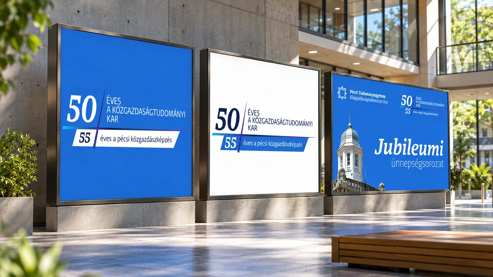 PTE KTK 50/55 Jubilee campaign displayed on three university campus panels