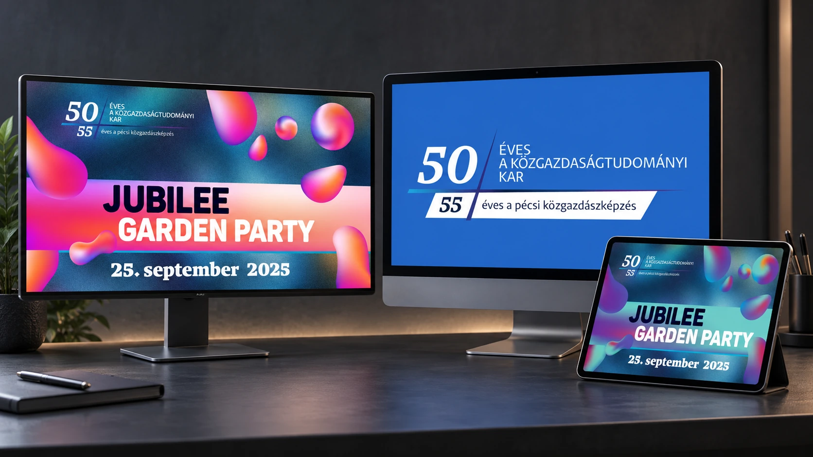 Three digital displays showing distinct blue, pink-orange and turquoise-purple PTE KTK Jubilee campaign designs