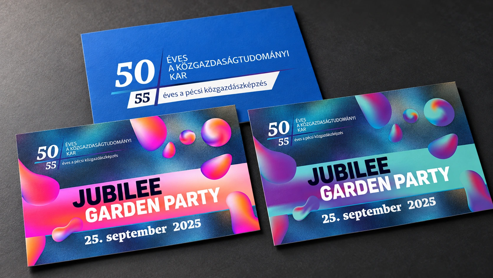Three PTE KTK Jubilee flyers in distinct blue, pink-orange and turquoise-purple colorways