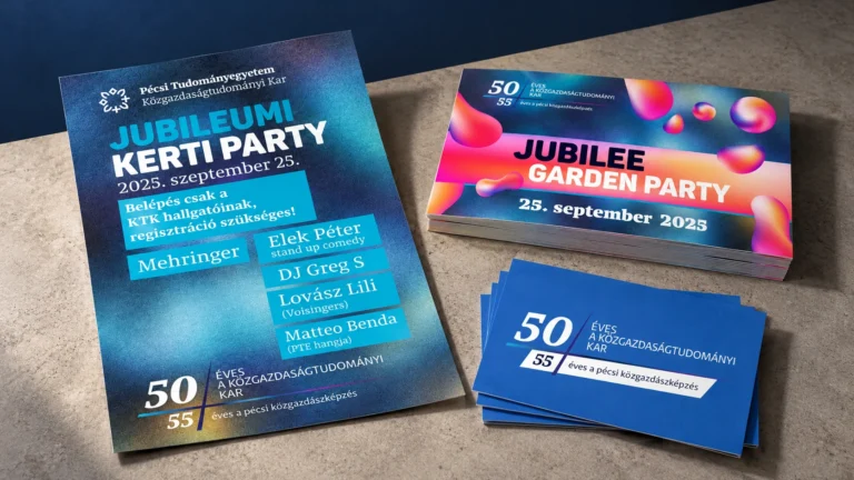 PTE KTK Jubilee campaign printed poster, flyers and invitation cards arranged on a tabletop