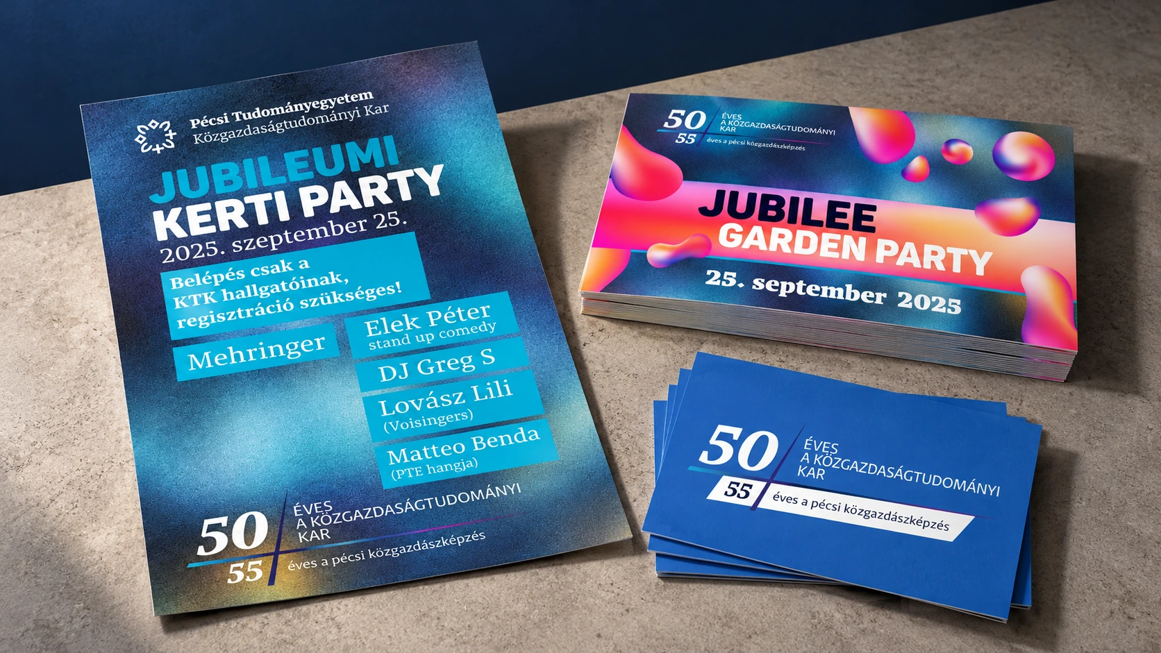 PTE KTK Jubilee campaign printed poster, flyers and invitation cards arranged on a tabletop