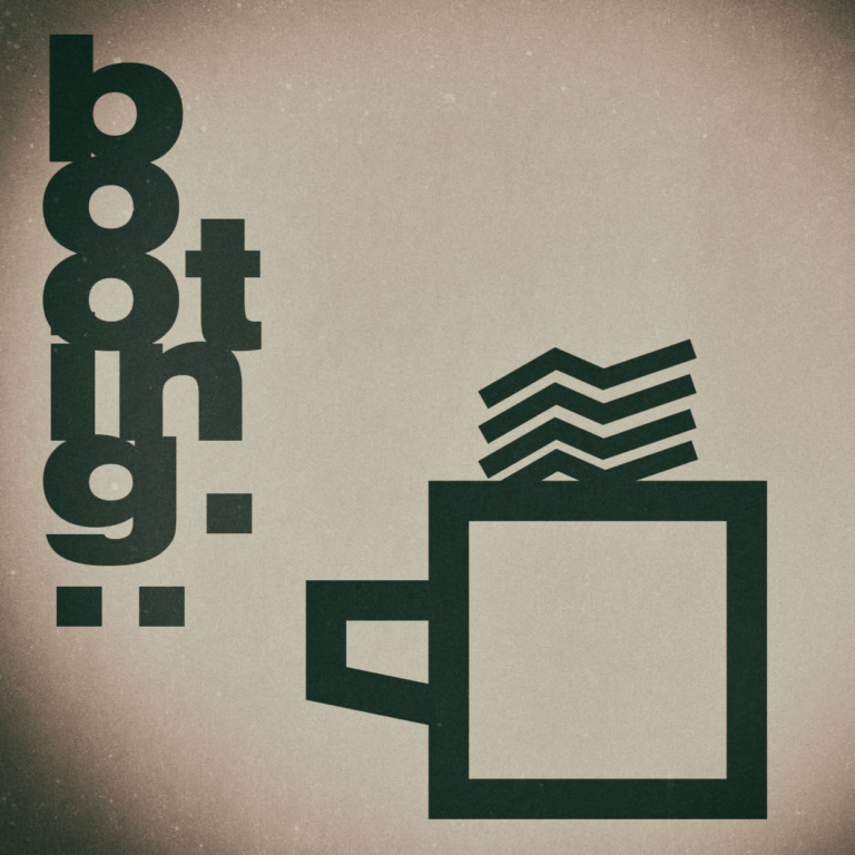 Dark green typography and a geometric steaming cup on textured beige.