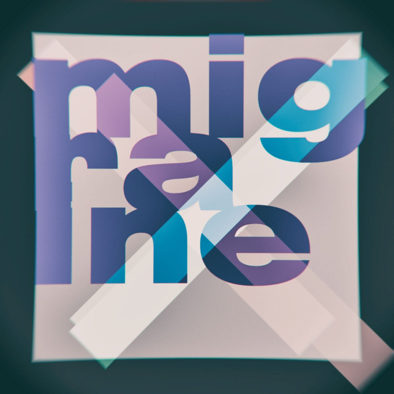 Layered purple and cyan Migraine typography crossed by translucent diagonal shapes.